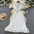Xiaoxiangfenglacea-linework clothing short-sleeved dressfemale yellow lapel waist pleated long skirt elegance socialite style