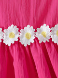 Exportsummergirldress pink square neck puff sleeves daisy belt waist a-line kids sweet skirt