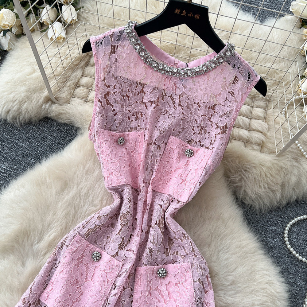 Qianjin feng heavy industry diamond round neck water soluble lacecut out sleeveless dress women's k-stylehigh waistwork clothing silm