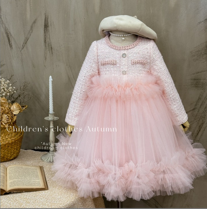 Girls' dress  autumn sweet & stylish little girl long sleeve first birthday party dress princess dress trendy skirt