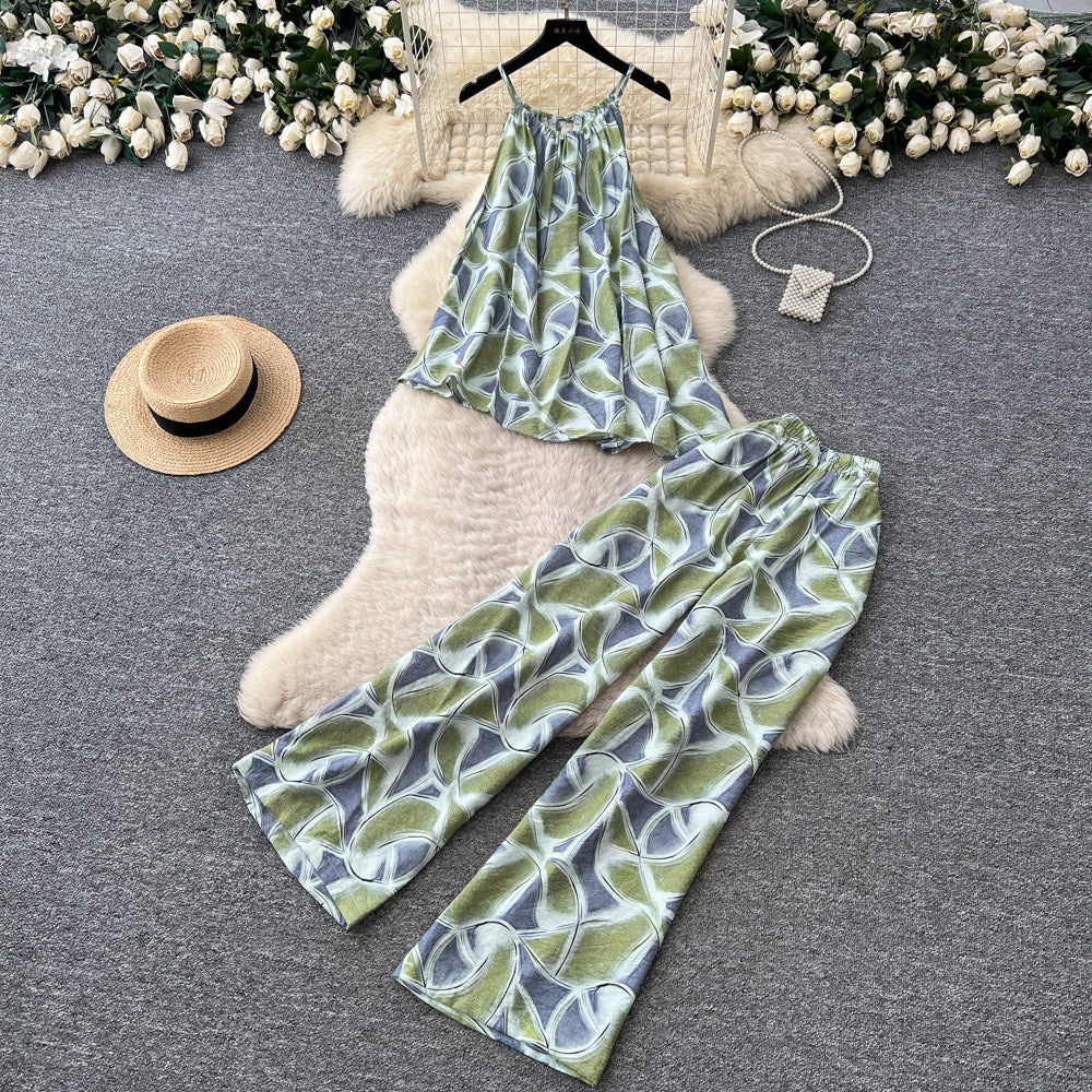 Lazy style printing vest loose pantseleganttwo-piece set women's summer flesh-covering slimming lookhigh waistslimming looksuit outfit