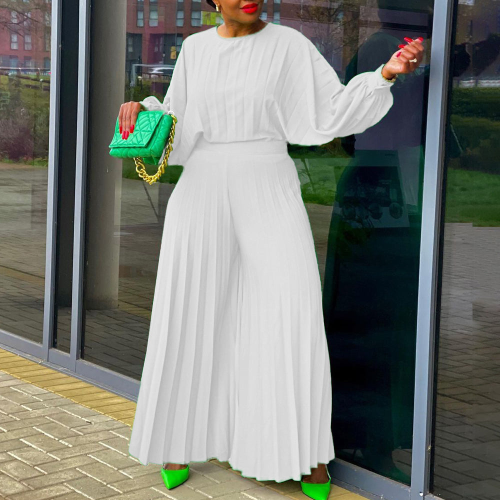 C8531 european and american style cross-border summer loose plus size casual shirt top and wide leg pants two-piece set - wholesale outfit