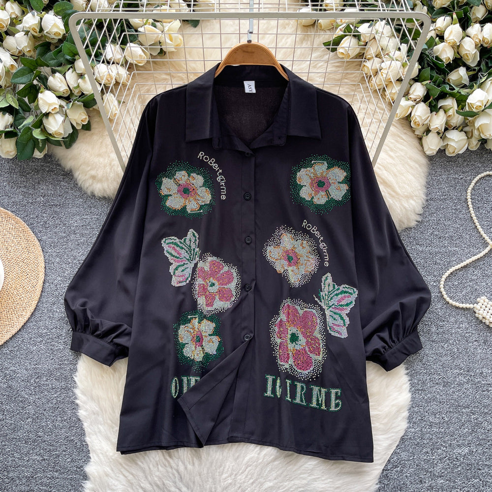 European and american lantern sleeve polo shirt for women - autumn loose fit, rhinestone embellished, designer style, mature and chic top