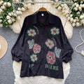 European and american lantern sleeve polo shirt for women - autumn loose fit, rhinestone embellished, designer style, mature and chic top