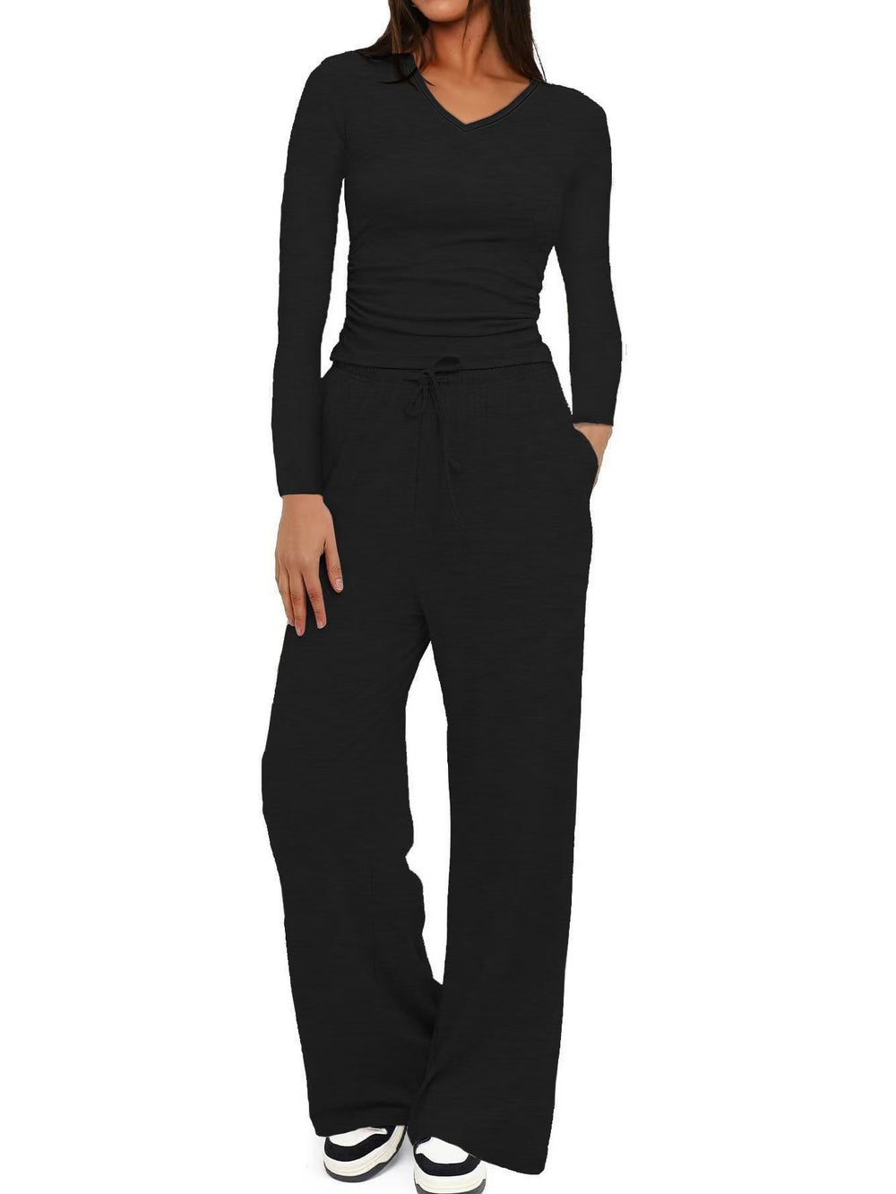 2025 cross-border fashion amazon new product pure color casuallong sleevesv necksuittopshigh waistloose pants shipping