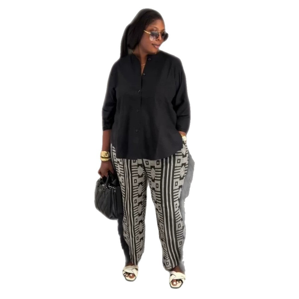 European and american cross-border african women's clothing  summer new fashion loose shirt top printed high-waisted pants set