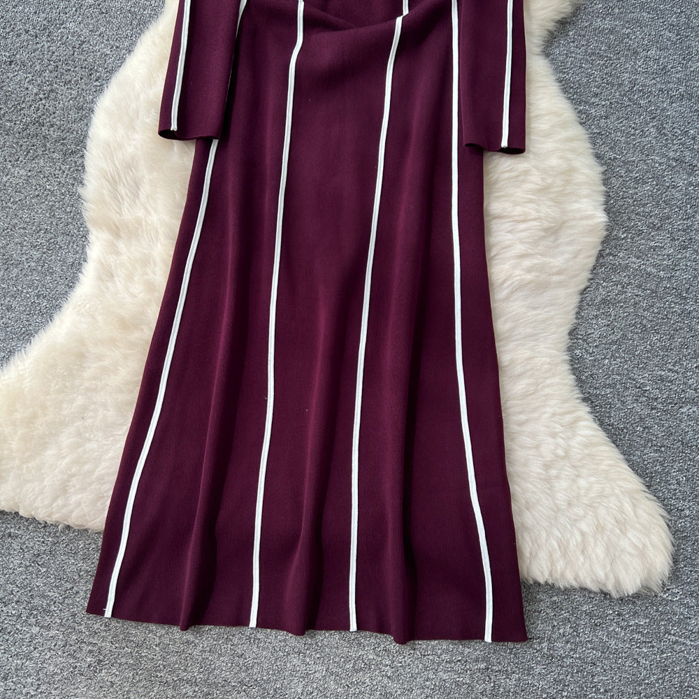 Frenchclassy niche stylefashioncontrast color side patchwork waist round neck long sleevessweaterdress women's slimming look long skirt
