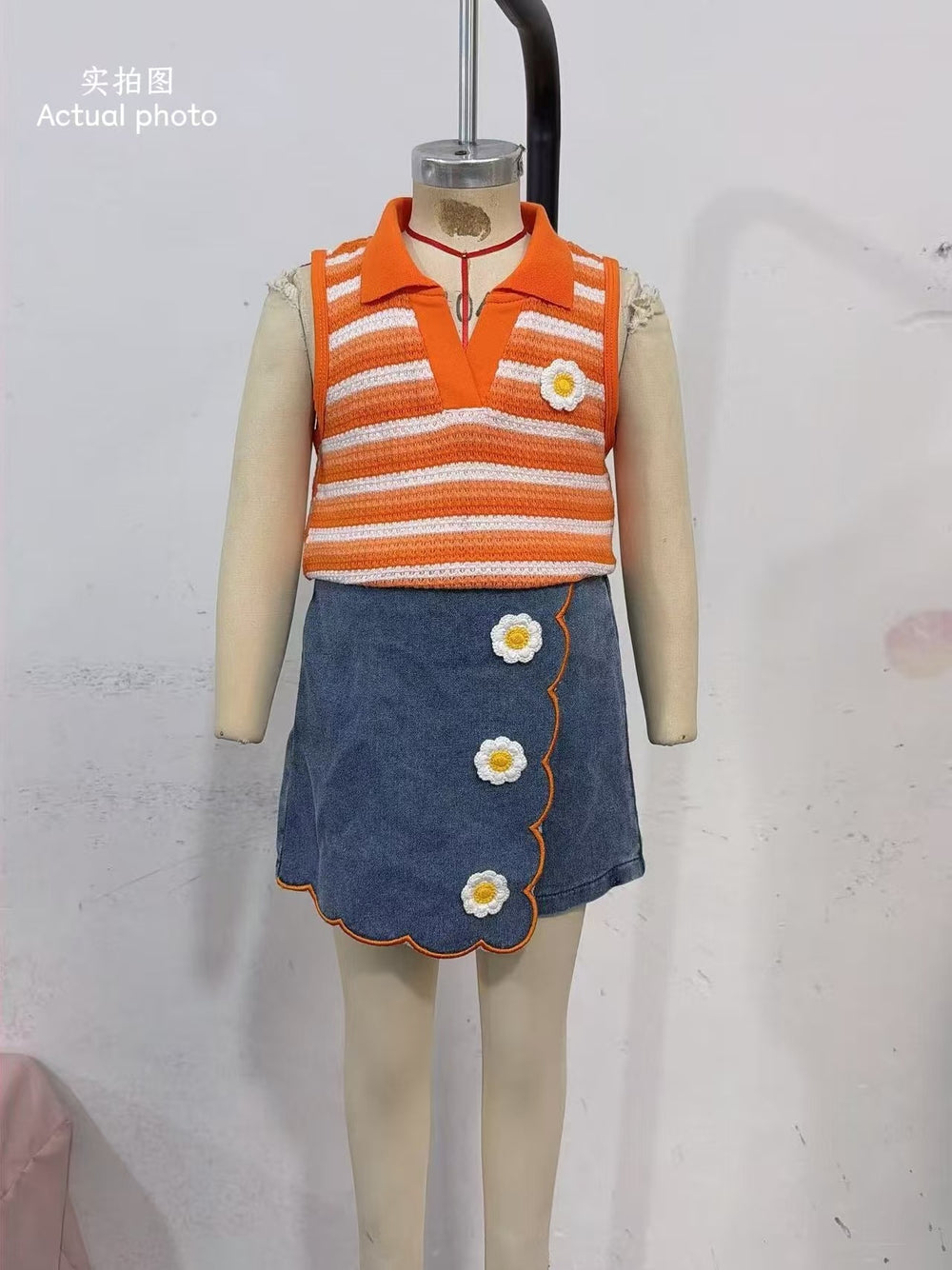 cross-border girls' fashion ruffle one-shoulder cami top + irregular embroidered floral denim jeans two-piece set