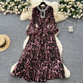 Luxury european and american style leopard print puff sleeve dress - women's summer belted slimming diamond-accented hot girl maxi dress