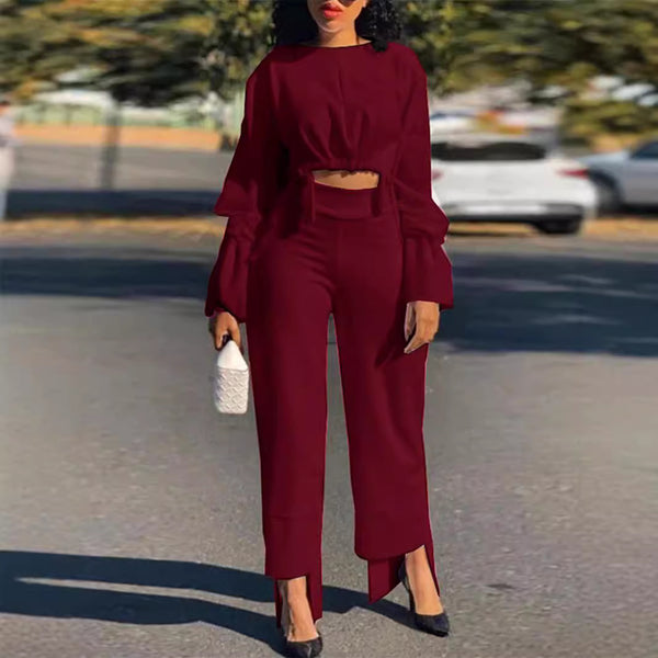 TM847 spot solid color  spring autumn and winter European and American temperament short top casual high waist straight pants set