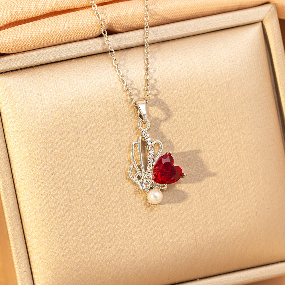 【titanium steel】copper inlaid zircon light luxury new style ruby necklace women's high-end fashion versatile elegant sweater chain jewelry