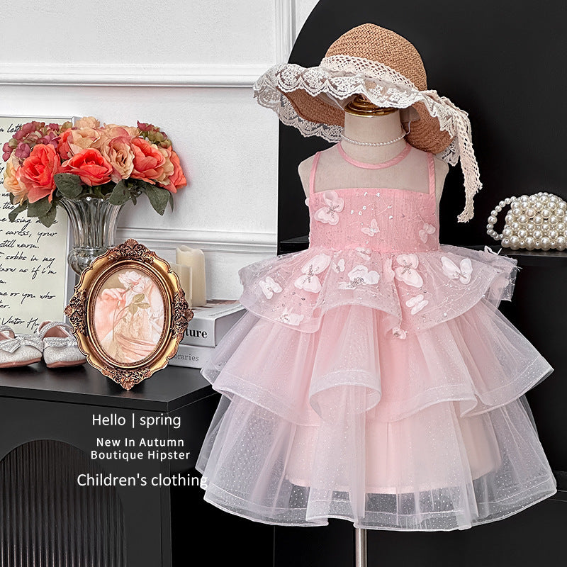 Girls' dress  summer new style chic butterfly embroidery tank dress princess dress