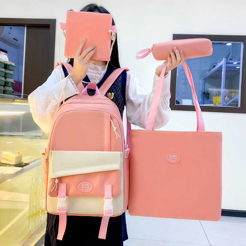 Simple four-piece schoolbag, female primary school backpack,  large-capacity junior high school backpack, high-value lightweight backpack