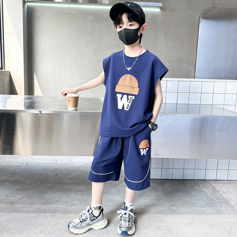 Boys' summer outfit set, new  styles for mid-to-large children, lightweight summer short-sleeve two-piece set, super cool kids' clothing