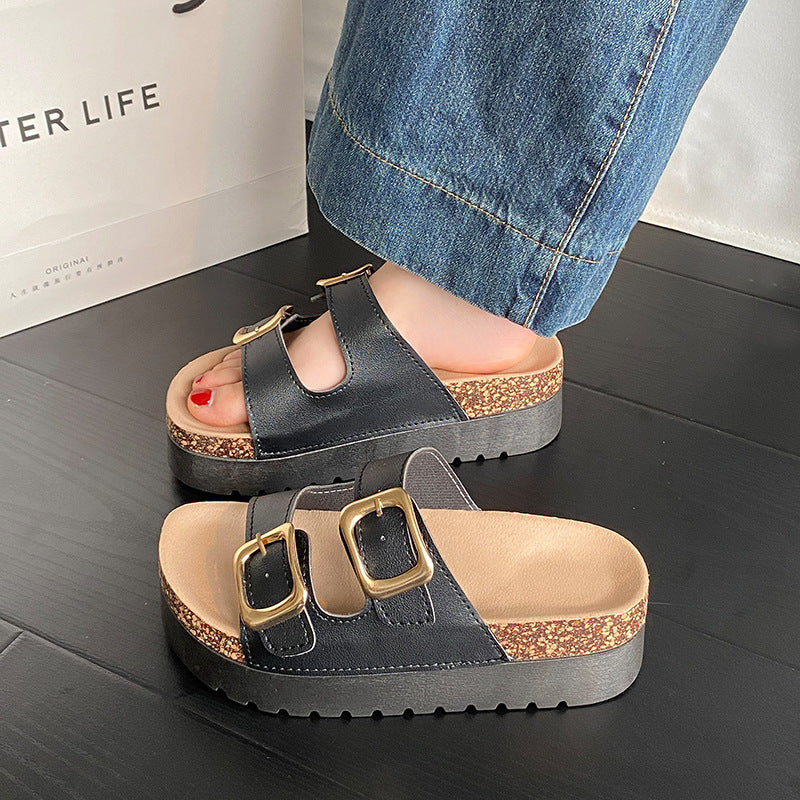 platform slides for women, summer outdoor wear, 2025 new birkenstock style, retro height increasing non-slip sandals, women's export