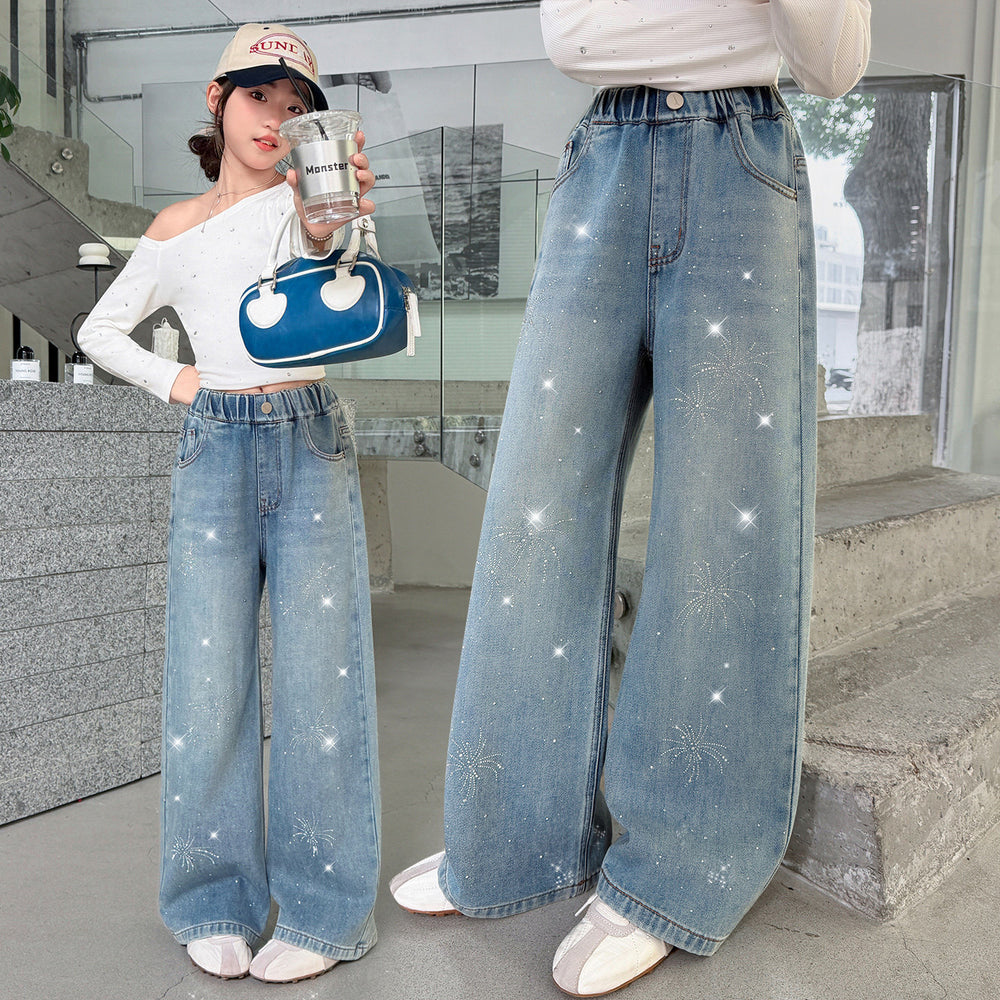 Girls' korean style rhinestone fireworks denim wide-leg pants - spring/autumn kids' high-waisted  new arrival - slimming straight-leg, stylish and trendy