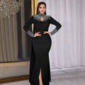 C7381 cross-border   fashion women's elegant see-through rhinestone long sleeve bodycon dress