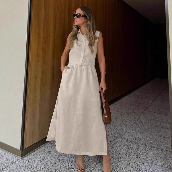 Holiday style ramie skirt set women's autumn 2025 Europe and America loose sleeveless top long skirt two-piece set  women's clothing