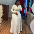 European and american cross-border women's fashion:  summer new arrival - elegant scalloped neck, figure-flattering, slimming a-line long sleeve dress