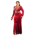 Jenny's factory direct export: gold velvet rhinestone embellished luxury slim-fit mermaid long sleeve maxi dress - african women's clothing