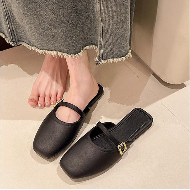 Baotou slippers women's non-slip sandals outwear office lazy one-leg half slippers breathable k-style flats