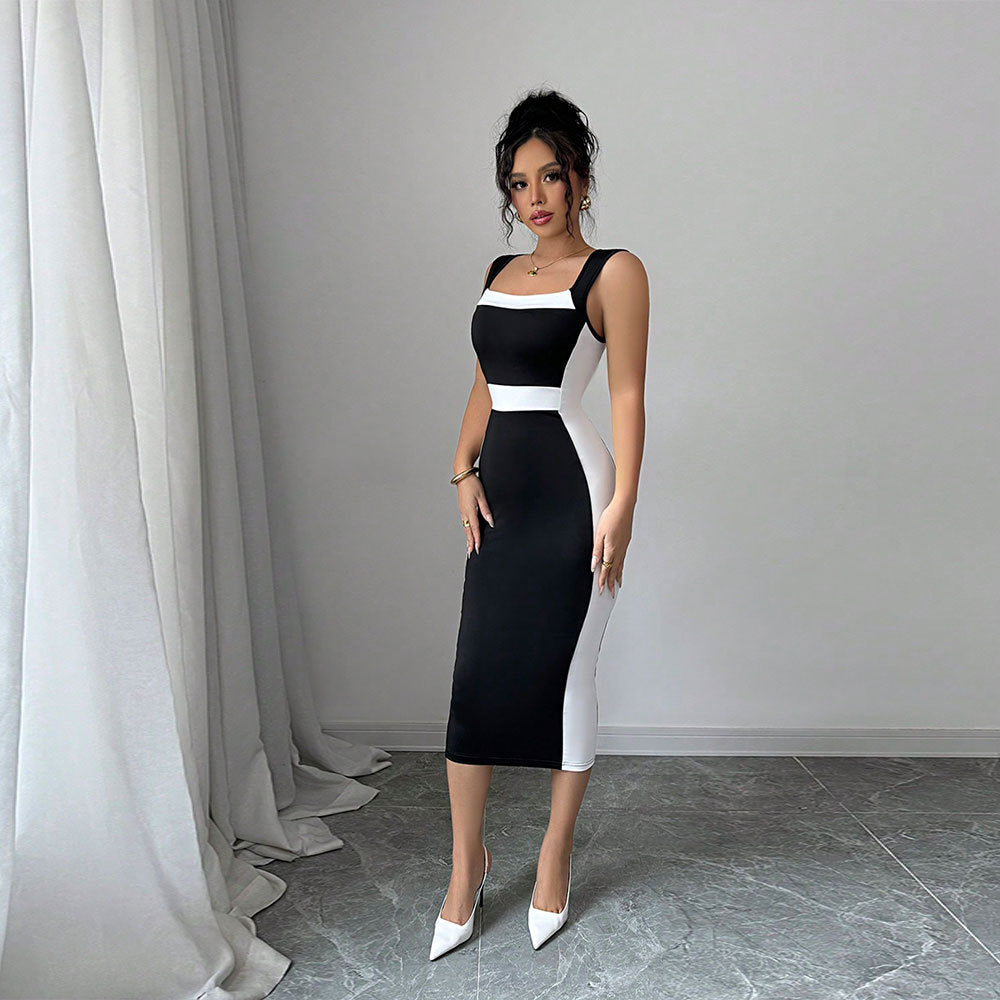 summer new arrival:  cross-border women's fashion - mature & sophisticated maxi dress with square neck, spaghetti straps, and color block design