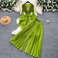 Classy sense of commuting style pleated pleated skirt three-quarter sleeve topshigh waistloose pants women's autumslimming looktwo-piece set