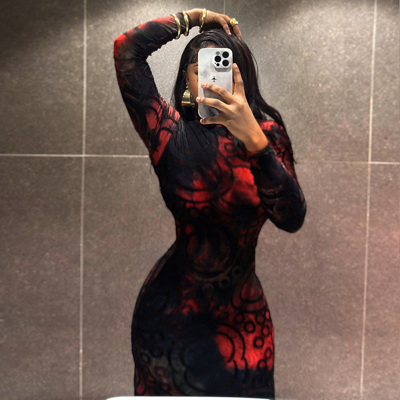 Fashion style cross-border charm printing women's clothing elegant color matching hip skirt sexy stand collar long sleeves waist trendy dress