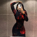 Fashion style cross-border charm printing women's clothing elegant color matching hip skirt sexy stand collar long sleeves waist trendy dress