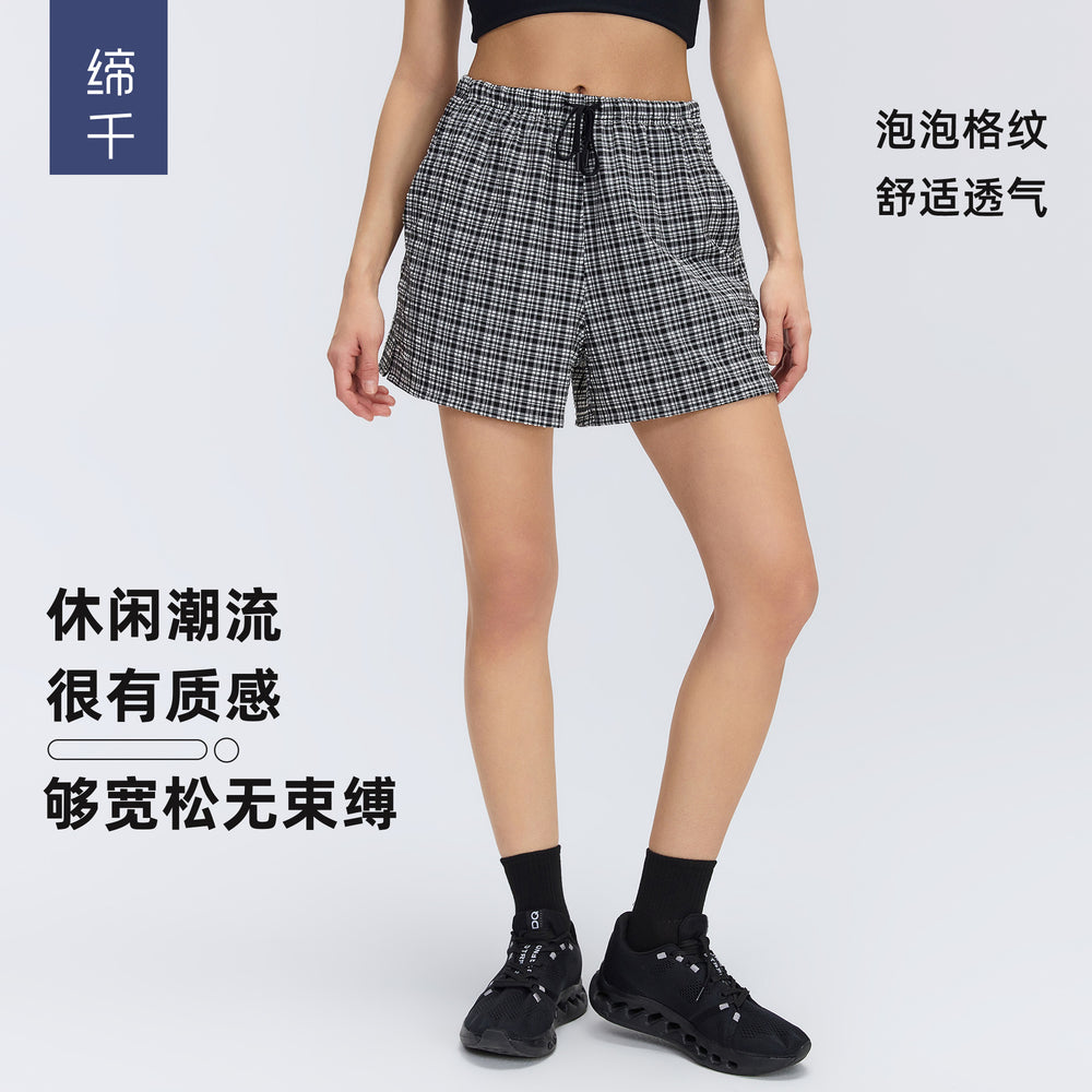 Women's casual sports shorts - bubble plaid, elastic waist, running training shorts, summer quick-dry fitness pants d26033