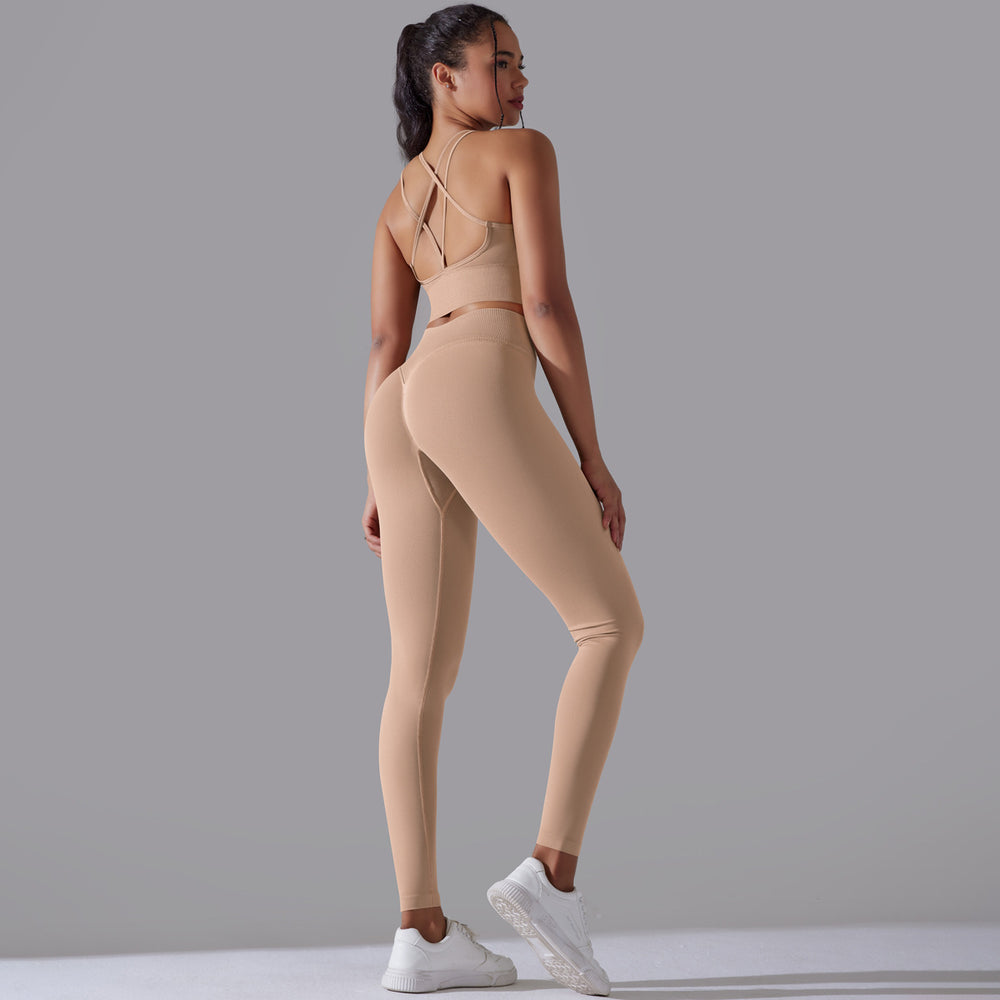 fashionnew arrival seamless knittingpure color beautiful back tight high waist yoga suit running fitness two-piece set