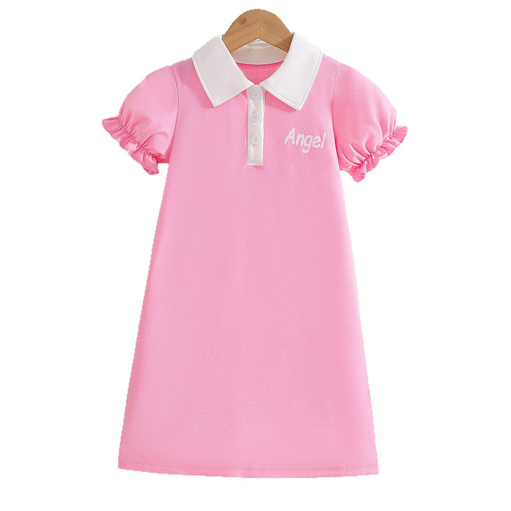 Girls' short-sleeve polo dress - pink summer style with turn-down collar, lantern sleeves, and letter print - perfect for toddlers and young children
