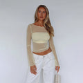 Fashion cross-border  summer new style round neck long sleeves mesh see-through waist tops bottom inner hot girl t-shirt