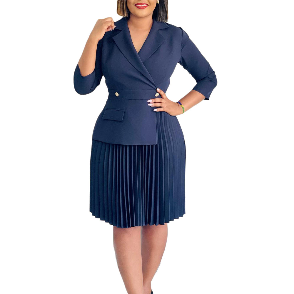 D543 women's foreign trade   autumn new fashion elegant blazer collar solid color pleated african dress