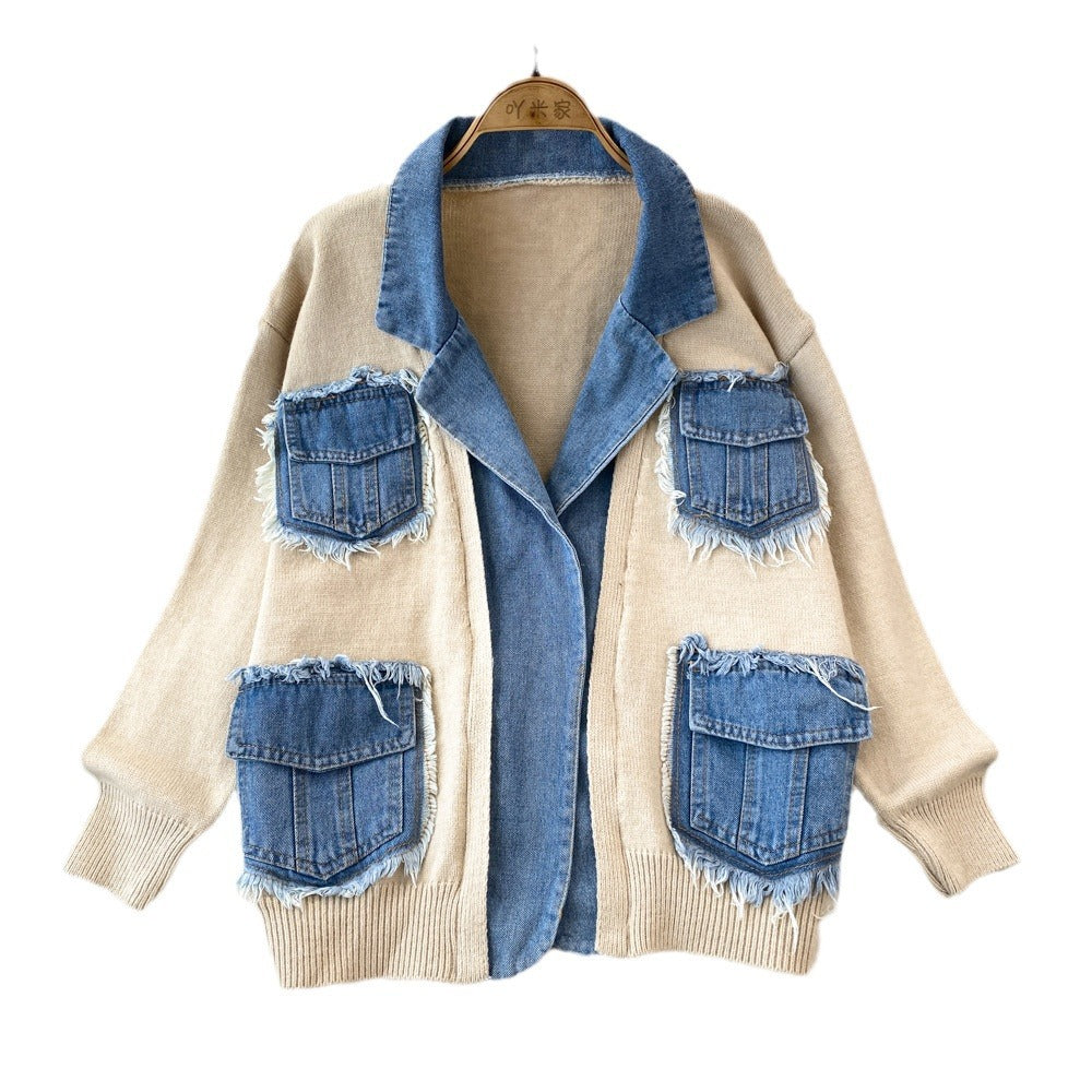 Fashionfashionstylishknittingpatchwork denim outwear women's winterloose lazy stylethickenedsweatercardigantops