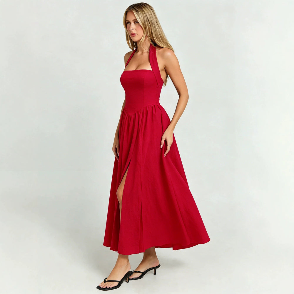 Frenchretrohaltertie backdress women's backless waist large slit red atmosphere vacation mid length skirt