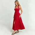 Frenchretrohaltertie backdress women's backless waist large slit red atmosphere vacation mid length skirt