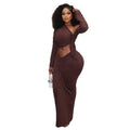 European and american style cross-border fashion women's pleated bodycon skirt set - solid color, asymmetrical neckline, long sleeve, one-shoulder tight dress