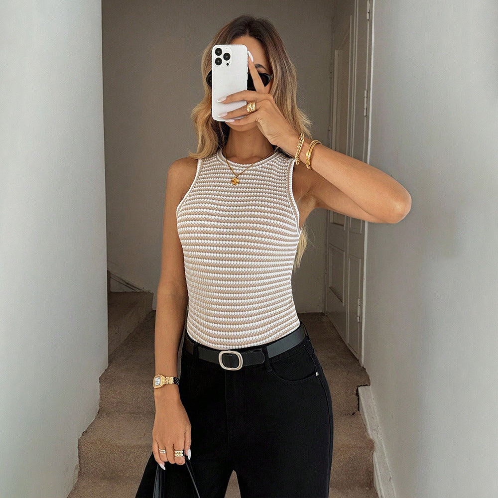 Fashion cross-border round neck sleeveless knitting vest women's summer topsretrostripesilmslimming lookshort bottom inner wear
