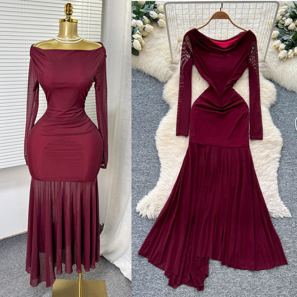 Pure desire sexy burgundy long sleevesdress women's frenchsilm a-line skirthigh waisteleganceelegant long skirt