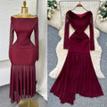 Pure desire sexy burgundy long sleevesdress women's frenchsilm a-line skirthigh waisteleganceelegant long skirt