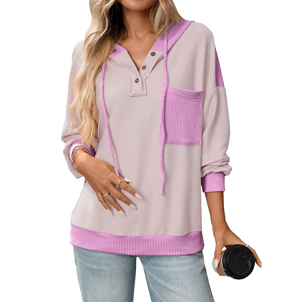 European and American   pullover women's clothing 2025 autumn and winter new women's contrasting color twist strip hooded sweater