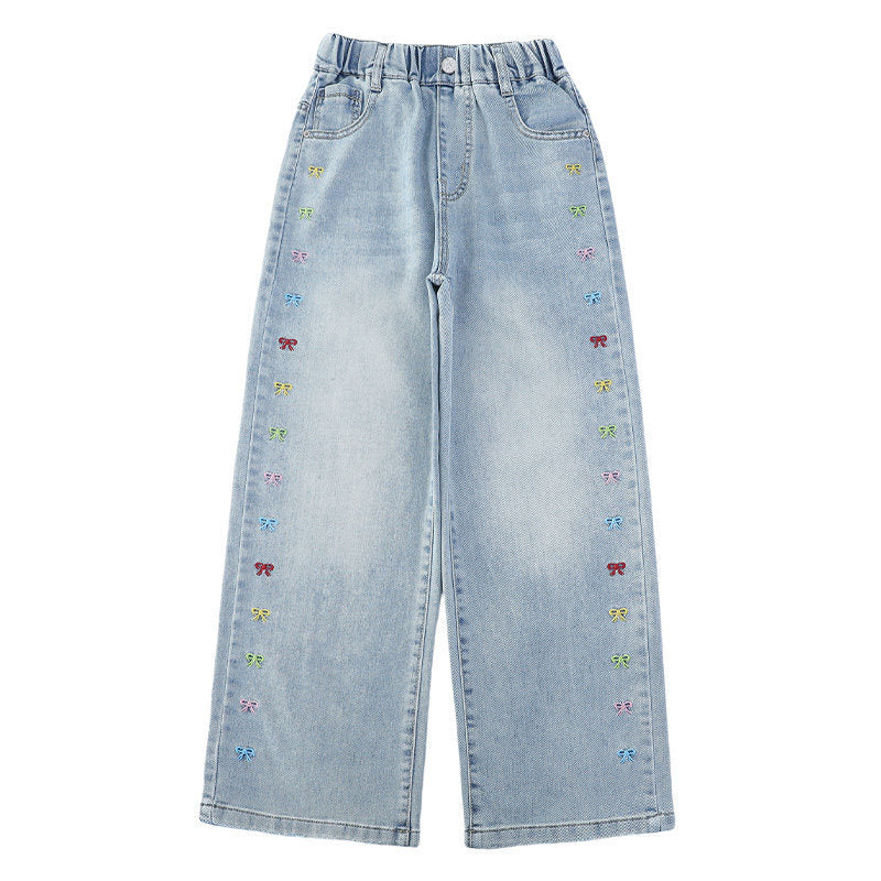 Girls' colorful bowknot denim jeans -  spring new style - stylish straight-leg pants for kids - loose, floor-length trousers for mid-to-large children