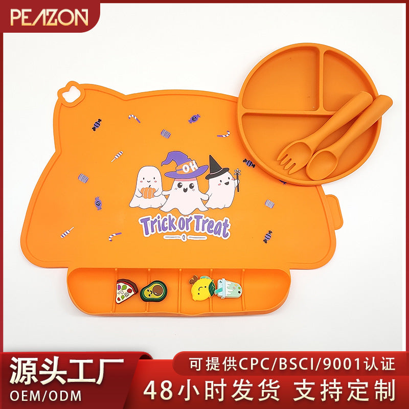 Cross-border baby placemat, thermal insulation mat, silicone foldable Halloween table mat, printed western food mat, eating mat with pocket