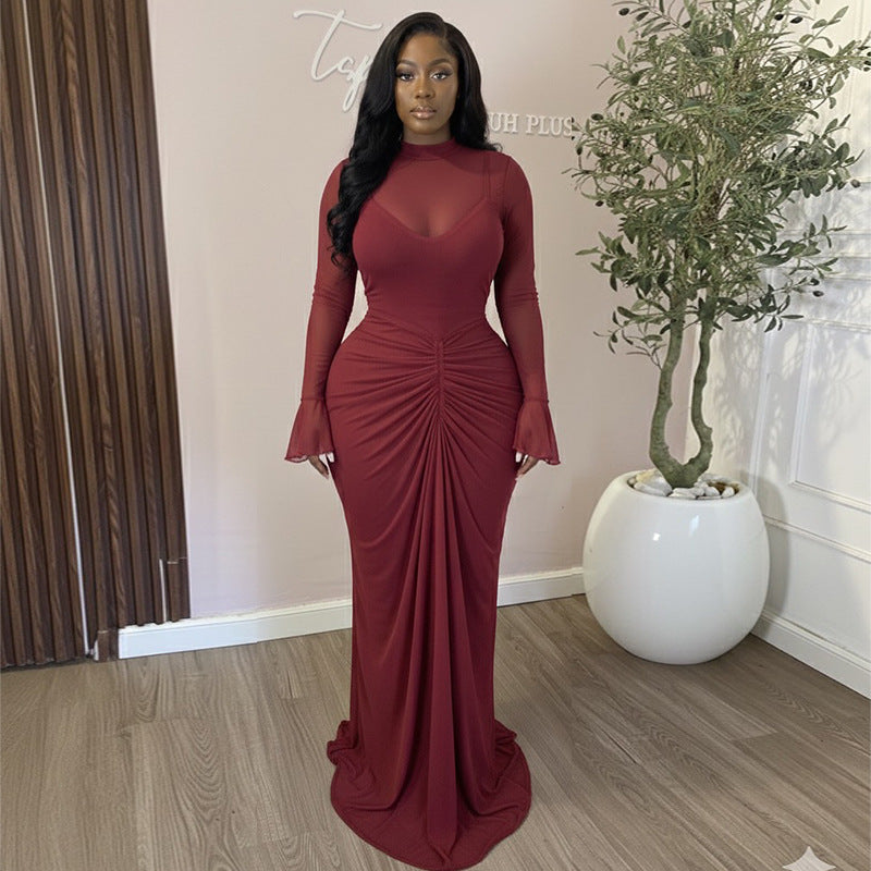 European and american cross-border women's fashion:  autumn new arrivals - sexy, elegant, solid color, ruched, slim-fit, long maxi dress