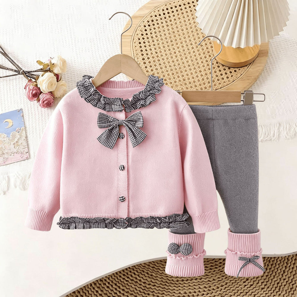 Girls' knitted cardigan and leggings set - new  spring/autumn collection - plaid bowknot cardigan sweater with scrunch socks