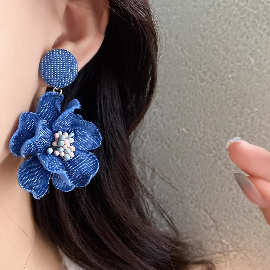 Hong kong style retro denim blue flower earrings niche style exaggerated sense of design earrings for women with square and round faces to show small faces earrings