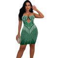 C6753 cross-border   fashion women's solid color mesh rhinestone camisole mini dress