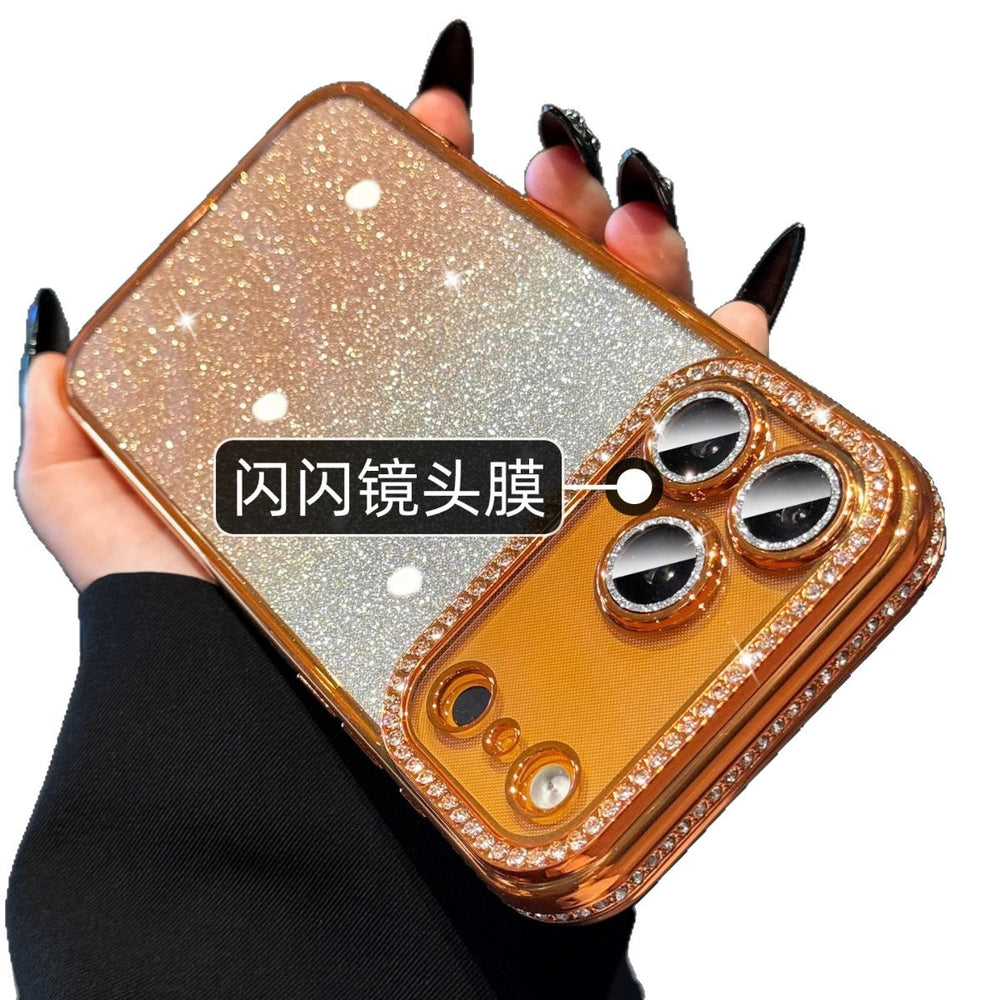 Premium rhinestone-embellished frame case for iphone 17 pro max - orange phone case, apple 15 gradient glitter full coverage