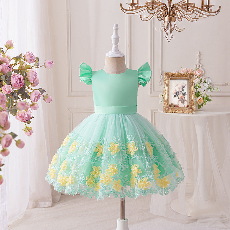 New summer european and american princess floral sleeveless mesh baby christening gown cotton lined dress - in stock